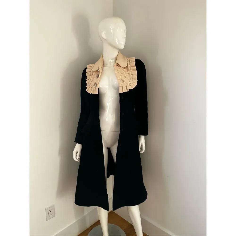 Black Baby Doll Bib Long Coat Sz XS 100% Wool Mushroom Bejeweled Buttons - Picture 2 of 11